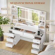 HEXCELEN Dressing Table With Large Mirror, Vanity Table And Hairdryer Holder, 8 Drawers, Open Compartments, 40 * 135 * 145.2 Cm, Modern White And Silver Dressing Table - 查看 7