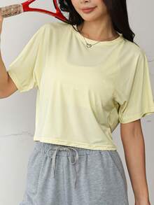 Top ample et élastique à dos croisé et ouvert pour femmes, convient pour la gym intérieure, le yoga, les loisirs extérieurs, la course, le cyclisme. T-shirt de sport court unicolore, printemps/été - Jaune citron - Voir 2