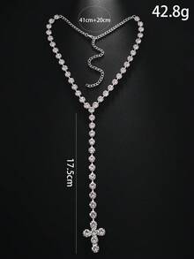 1 pieza Nuevo collar con cruz de flecos totalmente con rhinestones, cadena sexy sin espalda, moda europea y americana para fiestas de noche - Plateado - Ver 4