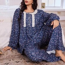 Plus Size Women Ditsy Floral Patchwork Contrast Color Embroidered Lace Trim Long Sleeve Pajama Set - Multicolor - View 6