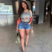 2024 New Summer Style Commuting Fashion Printed Street Photography Slim Fit Breathable Open Navel Long Sleeve Women - 紅色 - 查看 4