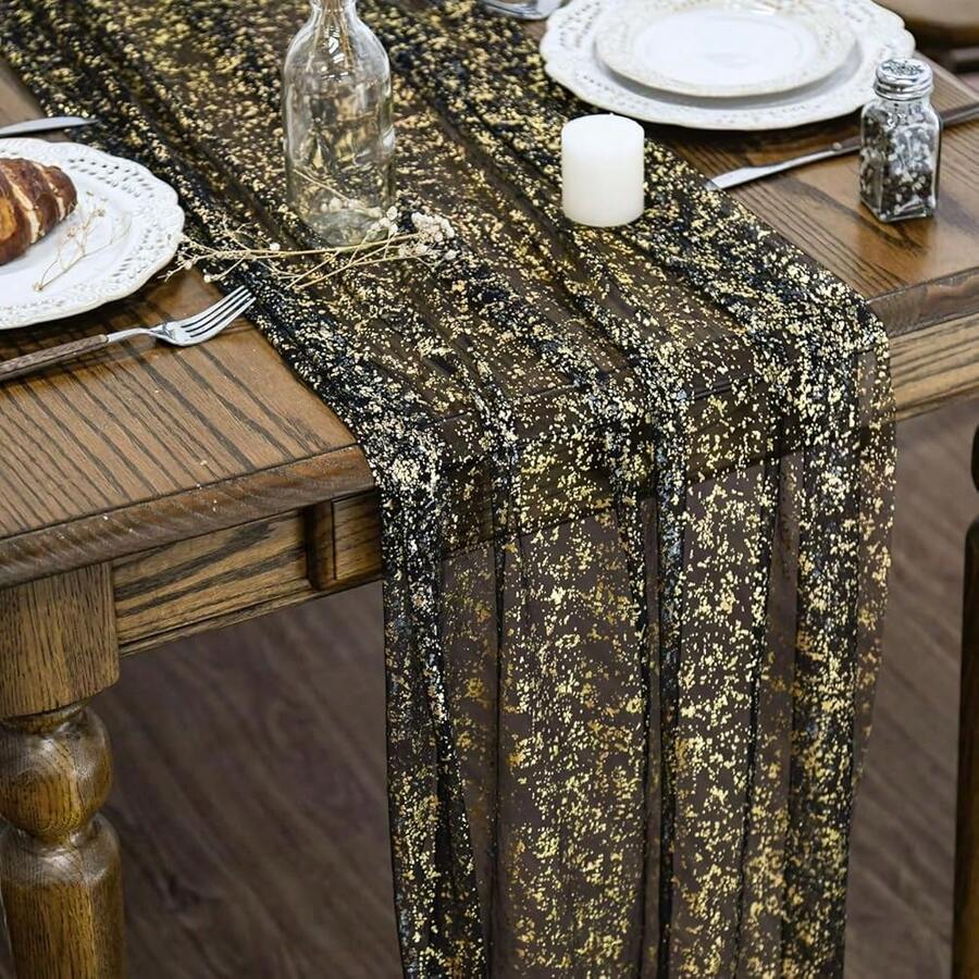 Black Gold Gauze Table Runner 120 Inch 10FT, Glitter Metallic Foil Sheer Dining Wedding Anniversary Holiday Birthday Table Decor For Home Party,28inchx120inch,BlackGold - 黑金 - 查看 1