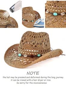 1顶男女通用牛仔帽，宝石装饰，镂空印花草帽，适合春夏旅行、海滩、防晒、休闲佩戴 - 西部牛仔禮帽 - 查看 2