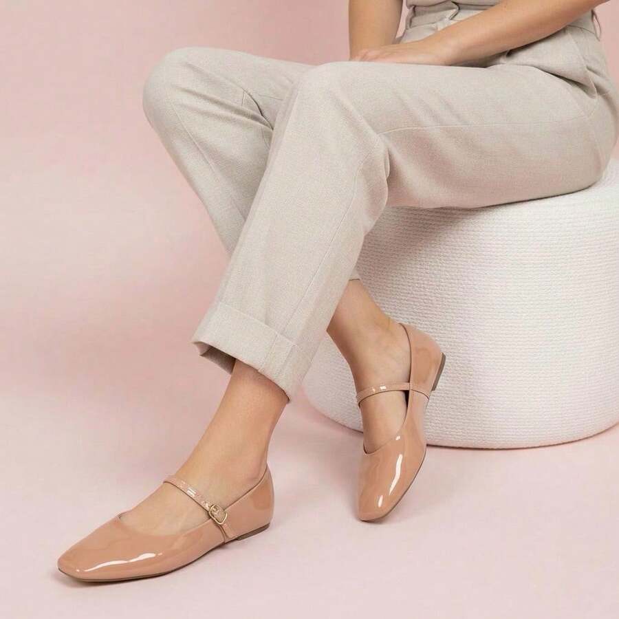 Women's Mary Jane Flats Square Toe Patent Leather Simple Basic Elegant - 乾枯玫瑰色 - 查看 1