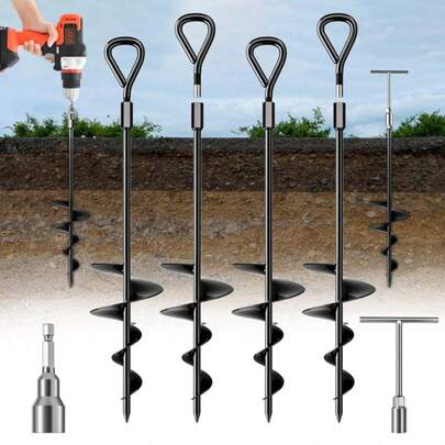 4pcs Triangle Ground Anchor, 18 Inch Long, With T-Handle Hex Wrench, Suitable For Camping Tent, Swing, Securing Animals, Gazebo, Trampoline, Black, Orange