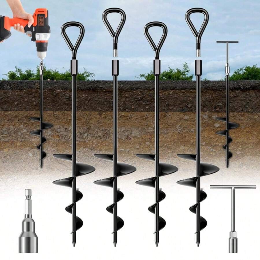 4pcs Triangle Ground Anchor, 18 Inch Long, With T-Handle Hex Wrench, Suitable For Camping Tent, Swing, Securing Animals, Gazebo, Trampoline, Black, Orange - Multicolor - View 1