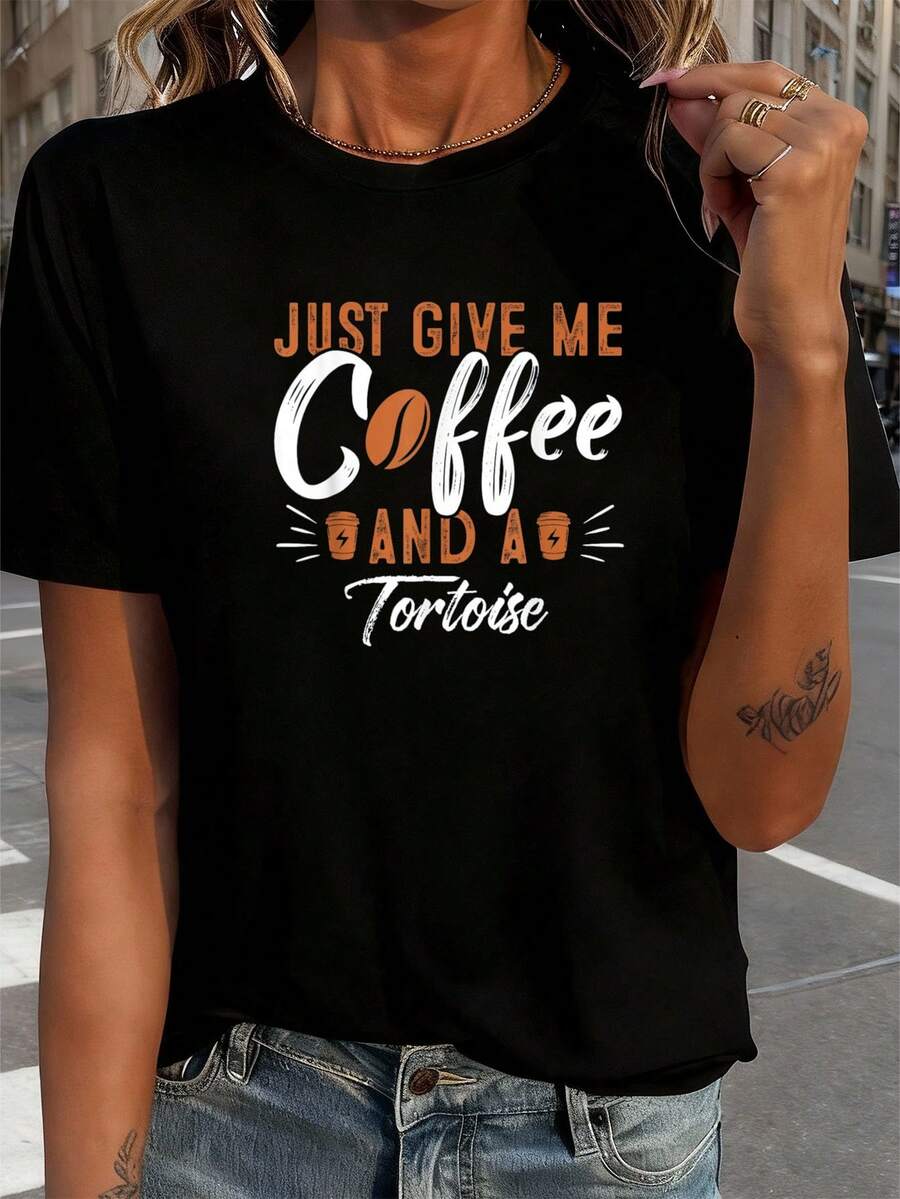 Gib mir einfach Kaffee und ein Schildkröten-T-Shirt Schildkröten-T-Shirt Damen T-Shirt Grafik-T-Shirts Crop Tops Outfits Tops T-Shirt - Schwarz - Übersicht 1