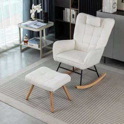 Soft Rocking Chair With Footstool, Comfortable Nursing Chair With Armrests, Neck Pillow And Wide Backrest, Solid Wood Legs, Suitable For Relaxing In Living Room, Patio Or Yard, White