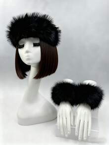 2pcs Set Solid Color Acrylic Fuzzy Beanie Hat And Cuffs, Fluffy Trim, Warm For Autumn Winter Christmas Winter Accessories Winter Outfits Valentines Gift - A - View 2