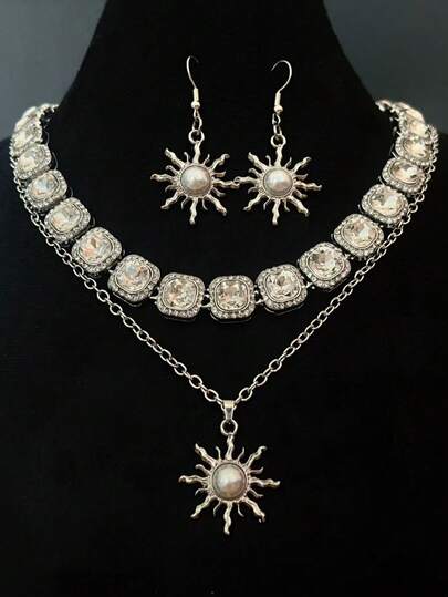 4pcs/Set Fashionable Elegant Sparkling White Crystal Sunflower Necklace & Earrings Jewelry Set, Gift For Mother's Day/Birthday/Party/Valentine's Day/Music Festival, Everyday Wear