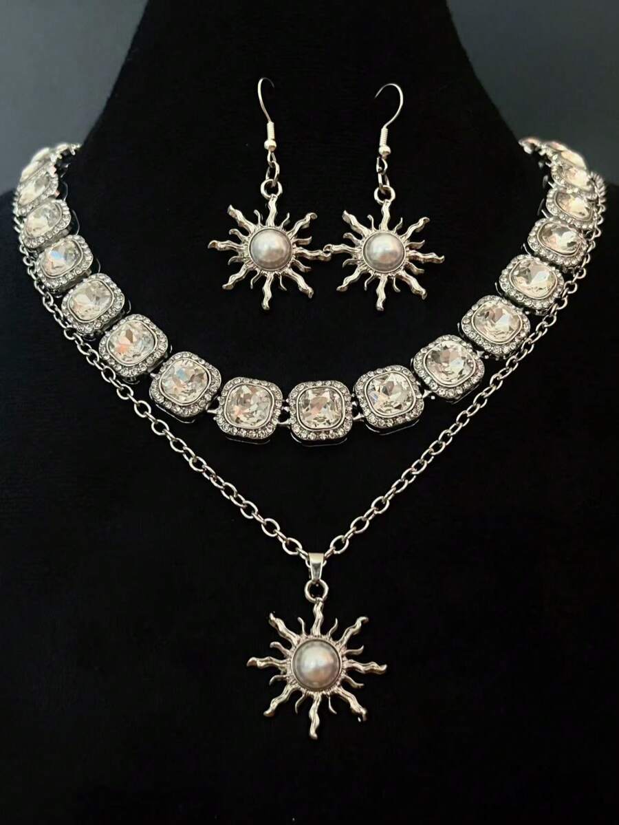 4pcs/Set Fashionable Elegant Sparkling White Crystal Sunflower Necklace & Earrings Jewelry Set, Gift For Mother's Day/Birthday/Party/Valentine's Day/Music Festival, Everyday Wear - White - View 1