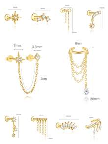 1Pc 925 Sterling Silver Stud Earrings For Women Tiny Cubic Zirconia Cartilage Stud Earrings Hypoallergenic Piercing Body Jewelry Christmas Valentine's Birthday Gifts - Gold - View 10