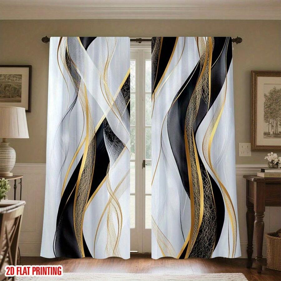 2pc 2D Flat Black, White, And Gold Marble Pattern Curtains With A Black And Gold Swirling Design, Cordless Hanging System, Machine Washable, Suitable For Bedrooms, Living Rooms, Kitchens, And Offices - Modern Style Window Decorations In Black, White, Gold, And Gray, Vintage-Style Room Curtains. - Nhiều màu - Xem 1