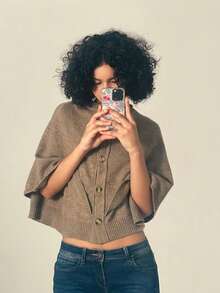 女士时尚百搭通勤披肩领针织毛衣上衣 - 卡其色 - 查看 7