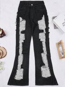 Jeans style boyfriend à jambe évasée, coupe slim, avec poches en biais, ourlet effiloché et délavé, style streetwear Y2K - Noir - Voir 5