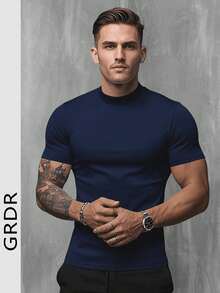 GRDR Men's Fashionable Mock Neck Short Sleeve T-Shirt | Exquisite Design | Summer Essential | Easy To Match | Showcase Your Style - Navy Blue - View 4