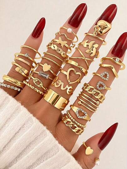 Set de 30 piezas de joyería retro elegante con anillos con Rhinestones con forma de corazón, perlas y hojas, regalo de lujo elegante para mujeres, San Valentín, mamá, Día de la Madre