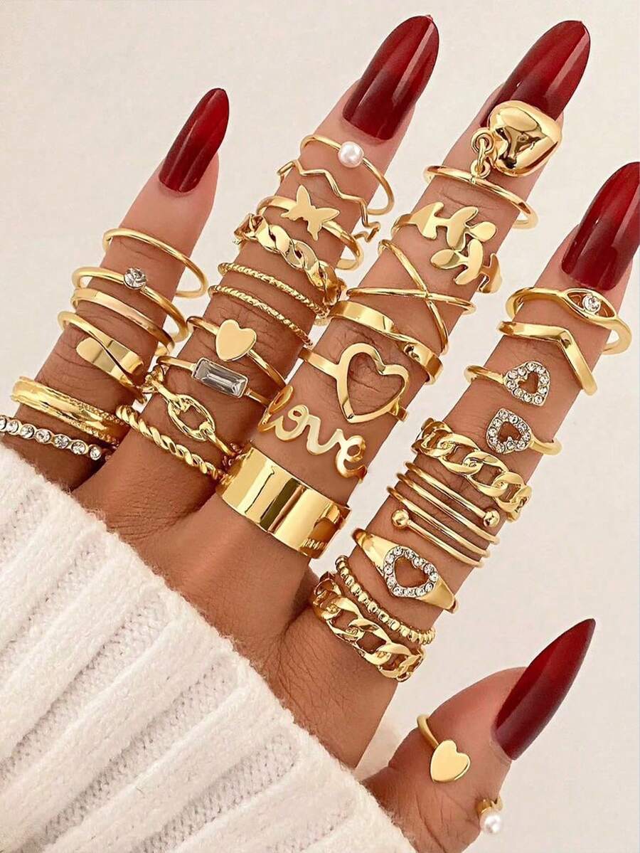 Bộ 30 món/bộ trang sức nhẫn lá, ngọc trai, trái tim đính đá pha lê phong cách cổ điển, quà tặng sang trọng thanh lịch cho phụ nữ ngày lễ tình nhân, mẹ, mẹ, ngày của mẹ, quà tặng - Vàng - Xem 1