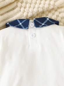 2pcs Newborn Baby Boy Cute Plaid Peter Pan Collar Bear Pattern Top And Plaid Pants Set, Daily Outfit - Blue - View 5