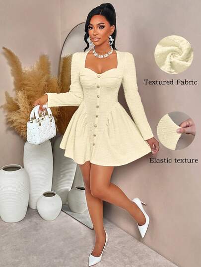 AIJ Women's Autumn/Winter Outing Date Gathering Sweetheart Neck Long Sleeves Cup-Supported Waist-Defining Decorative Buttons Solid Color Mini Dress