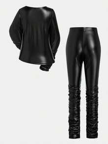 GLOURI Women's Black PU Leather Jumpsuit - Long Sleeve Ruched Bodycon With Flared & Slit Legs | Edgy Nightclub & Party Outfit For Evening Events - 黑色 - 查看 5
