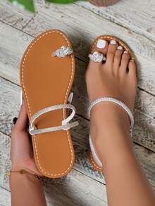 Giày sandal mũi tròn pha lê thời trang nữ mới, giày sandal gợi cảm thoải mái hàng ngày, giày sandal nữ màu trơn thanh lịch, thiết kế kết hợp quai, giày sandal dự tiệc đa năng mũi tròn quai mắt cá chân - Nhiều màu - Xem 2