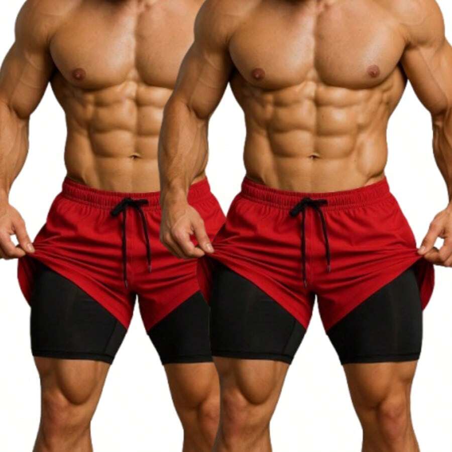 Kit Of 2 Men's UV DryFit Athletic Shorts For Gym, Training, And Running - Kit 2 Red - View 1