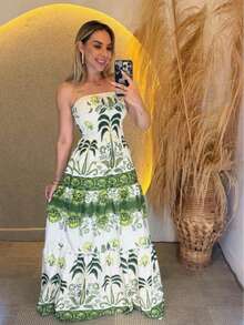 LONG SUMMER DRESS WITH TAMARA PRINT AND BLUE FALLING WITH ELASTEX - BLUE 2 - View 1