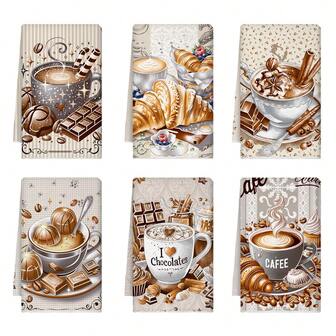 6件套现代咖啡杯印花厨房毛巾，柔软吸水，可机洗，涤纶面料，适用于厨房装饰、烹饪、烘焙、节日装饰、浴室用品，也可用于餐桌装饰、厨房用品、家居装饰、乔迁礼物。