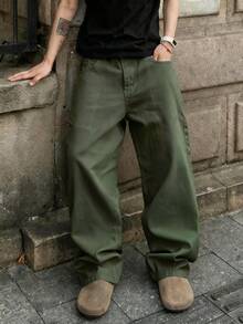 男士休闲直筒牛仔裤，高品质街头风，穿着舒适，适合外出穿着（不含腰带和配饰） - 橄欖綠 - 查看 1