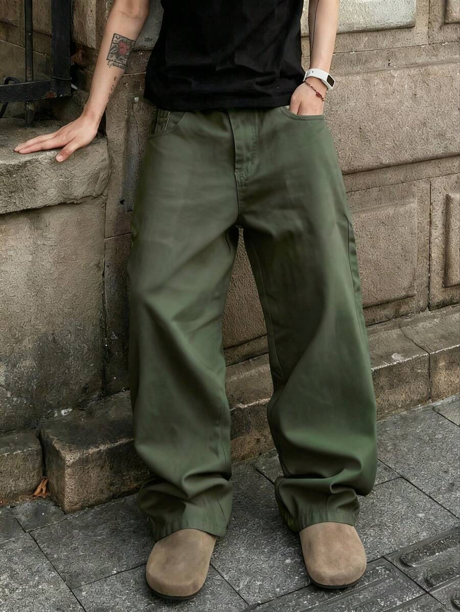 男士休闲直筒牛仔裤，高品质街头风，穿着舒适，适合外出穿着（不含腰带和配饰） - 橄欖綠 - 查看 1