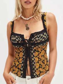 .Women Floral Button Down Crop Tank Top Y2k Ruffle Sleeve Halter Tops Sleeveless Straps Front Tie Outfits - 黃色 - 查看 1