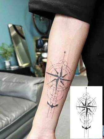 1 Piece Of Fashionable Retro Nautical Compass Temporary Tattoo | Arm Line Design, Dark And Sophisticated Decorative Sticker Suitable For Fashion-Forward Individuals