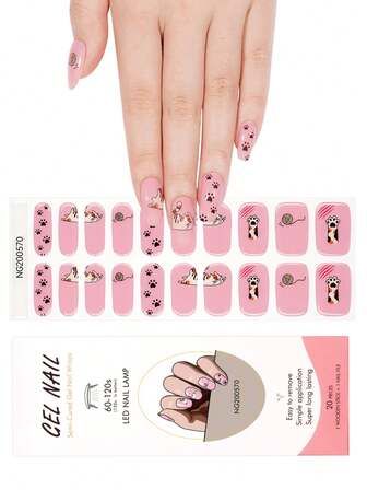 一盒20片装，天然持久，经典创意猫咪美甲凝胶贴纸，易于粘贴和卸除，UV固化美甲凝胶贴纸