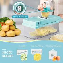 [Vegetable Slicer] 16In-1 Vegetable Chopper, Professional Onion Chopper, Multi-Functional Food Chopper, Kitchen Vegetable Slicer And Dicer, Vegetable Chopper With 8 Blades, Carrot Chopper With Container Father Gift - 升級版藍色 - 查看 2