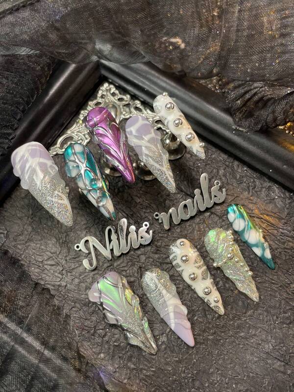 10pcs Stiletto Nail Set, Silver&Green&Purple Tie Dyeing, Hand Drawn Spot&Drop& Geometric Patterns,3D Three Dimensional Steel Ball Nail Art Accessories,Y2k Style Wearable NailArt Set,Suitable For Women To WearDaily Parties (With: A Piece Of JellyGlue And A Friction Strip) Nail SuppliesNails