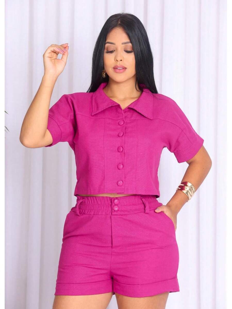 Women's Linen Set Consisting Of Shorts And A Short-Sleeved Blouse. - 玫瑰紅 - 查看 1