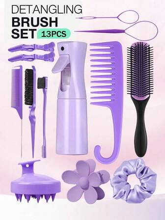 13Pcs/Set Children's Hair Care Comb Set, Including Knot-Removing Comb, Side Comb, Back Comb, Curling Comb With Spray Bottle, Straightening Comb, Scalp Massage Comb, Wide-Tooth Comb, Hair Clips And Styling Comb Set. Suitable For All Hair Types And Travel Needs. Essential Items For Going Back To School, Traveling And Vacation.
