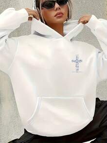 CHICLY19 Boho Floral Cross Graphic Hoodie With Bible Verse, Women's Casual Oversized Pullover Hooded Sweatshirt, Christian Faith-Inspired Long Sleeve Top, Cozy Fleece Lined, Preppy Aesthetic, Perfect For Church Services, Bible Study Groups, Beach Days, School, Errands & Lounging, Ideal Gift For Religious Believers, Faith-Based Communities, Christian Teens & Spiritual Seekers, Breathable Soft Fabric, White & Heather Gray Options, Plus Size Available - 白色 - 查看 3