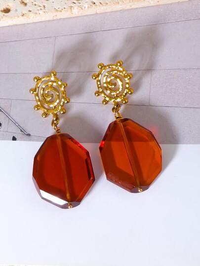 1 Pair Orange Glass Faceted Fashionable Elegant Versatile Earrings For Women, Suitable For Daily Wear