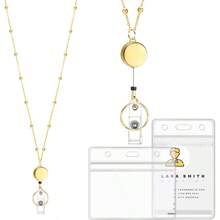 HAWTLanyards For Id Badges Stainless Steel Badge Lanyard With 2 Pcs Waterproof Badge Holder Retractable Badge Lanyards Teacher Lanyard For Cruise Ship Key Cards Id Badges Gold - 金色 - 查看 1