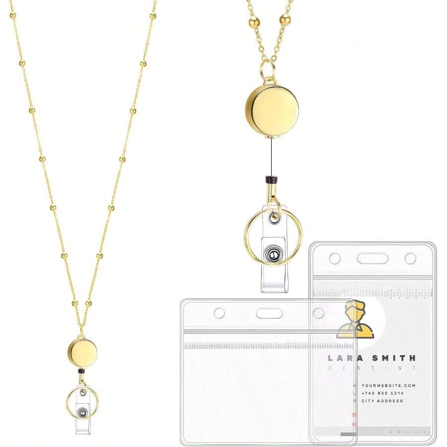 HAWTLanyards For Id Badges Stainless Steel Badge Lanyard With 2 Pcs Waterproof Badge Holder Retractable Badge Lanyards Teacher Lanyard For Cruise Ship Key Cards Id Badges Gold - 金色 - 查看 1