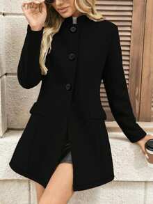 Women's Elegant Minimalist Stand Collar Solid Color Casual Commuter Front Button Long Sleeve Jacket, Autumn/Winter - Black - View 3