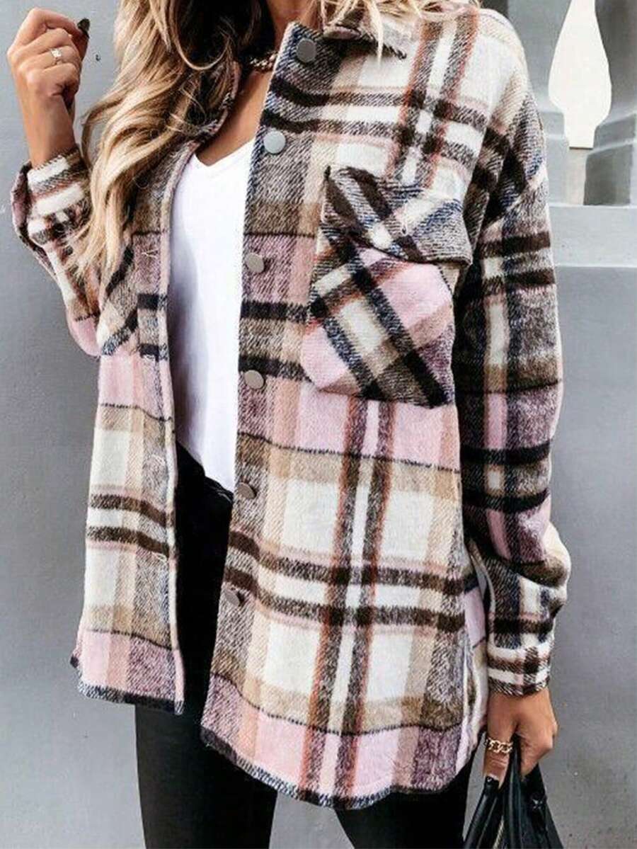 Women's Casual Long Sleeve Plaid Buttoned Pocket Shirt Jacket Tops, Spring & Autumn - Baby Pink - View 1