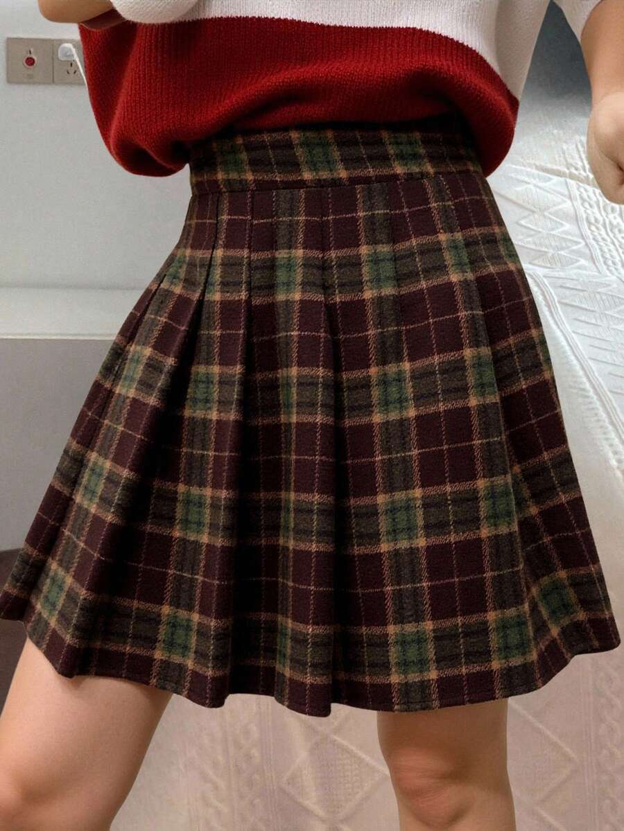 Livesso Vintage Plaid Pleated A-Line Skirt For Women, Casual Autumn/Winter Christmas - Burgundy - View 1