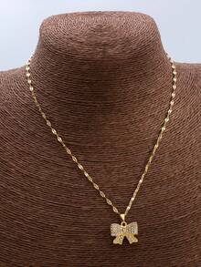 A Fashionable, Simple And Versatile Women's Necklace With Inlaid Rhinestones And A Three-Dimensional Bow - Gold - View 2