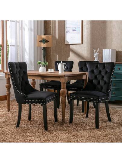 Moderne Dining Chairs, Premium Plush Solid Wood, Contemporary Fluwelen Upholstered Chairs Studded Head Set Of 2, Beige, Black, Grijs Available. view 5