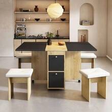 Dining Table And Chair Set (Table And 4 Chairs), Folding Table, 120 X 80 X 75 Cm, Multifunctional Extendable Table, Chairs, White, Oak And Black - Black - View 3