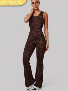 GOSOUER 1 Peça Macacão Flare Feminino Sexy com Decote V Profundo Vazado, Estampa de Onça, Gola Redonda, Zíper Frontal, Cintura Alta, Contorno, Esporte, Corrida, Fitness, Ginástica, Dança - Vinho - Visão 6