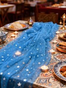 1 tấm rèm voan màu xanh dương với họa tiết sao và trăng bạc, khăn trải bàn voan sao xanh dương, khăn trải bàn lưới thanh lịch, khăn trải bàn voan bầu trời sao lãng mạn, vật trang trí trung tâm lấp lánh, trang trí bàn tiệc ngày lễ, bày trí bàn ăn lễ hội, trang trí không khí lễ hội, trưng bày tiệc tại nhà, sắp xếp bữa tối kỷ niệm ngày cưới, trang trí bàn ăn nhà hàng, vải trang trí cho bữa tiệc. - Nhiều màu - Xem 2